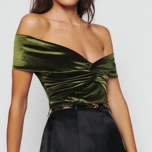 Reformation Ezlynn Knit Velvet Top, Color: Moss Green Velvet, Size Large
